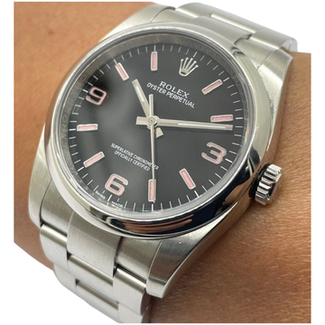 Rolex Oyster Perpetual 116000 36mm Automatic Black Dial Pink Index Watch w/Card